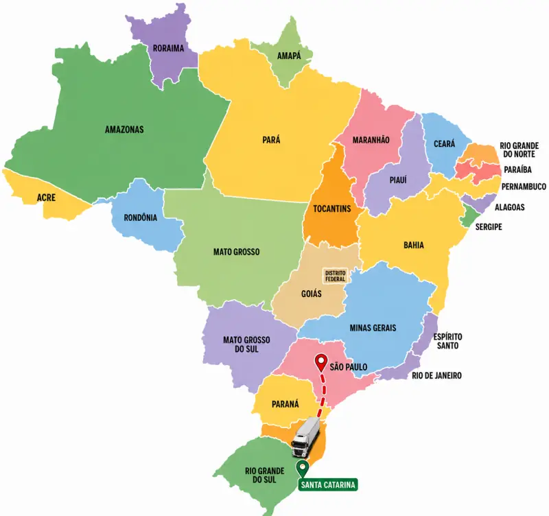 Mapa de cobertura Sul Entregas — atendimento em São Paulo, Paraná, Santa Catarina (base operacional em Camboriú) e Rio Grande do Sul